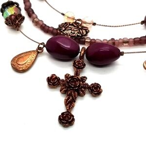 Purple Beaded Necklace Earrings Set Bronze Tone‎ Cross Key Heart Charms Women
